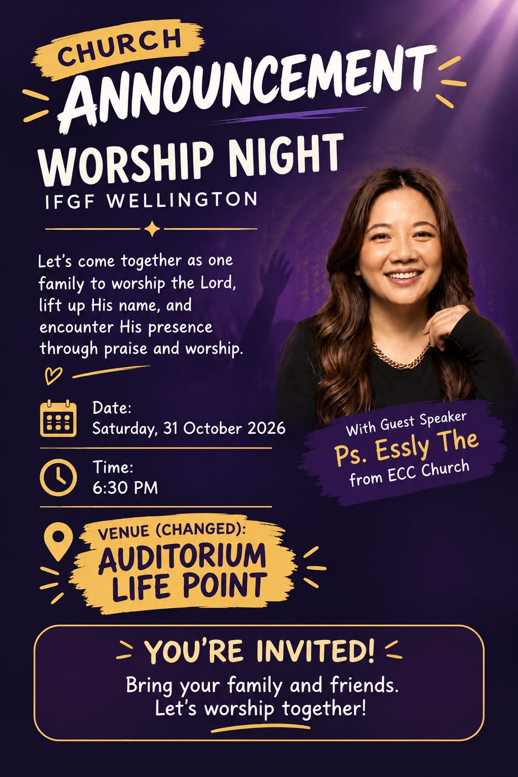 Worship Night, IFGF Wellington. Saturday 31 October 2026, 6:30 PM, Onslow Community Church, 4 Ngatoto Street. Guest speaker Ps. Essly The from ECC Church.